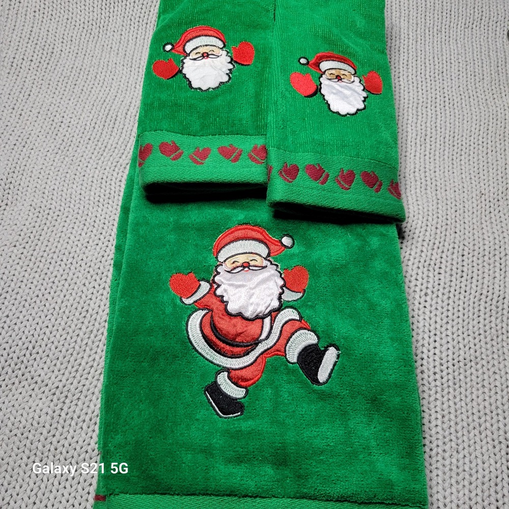 Christmas Santa Green Towel Set 3pc Embroidered Mitten Border Holiday Decor